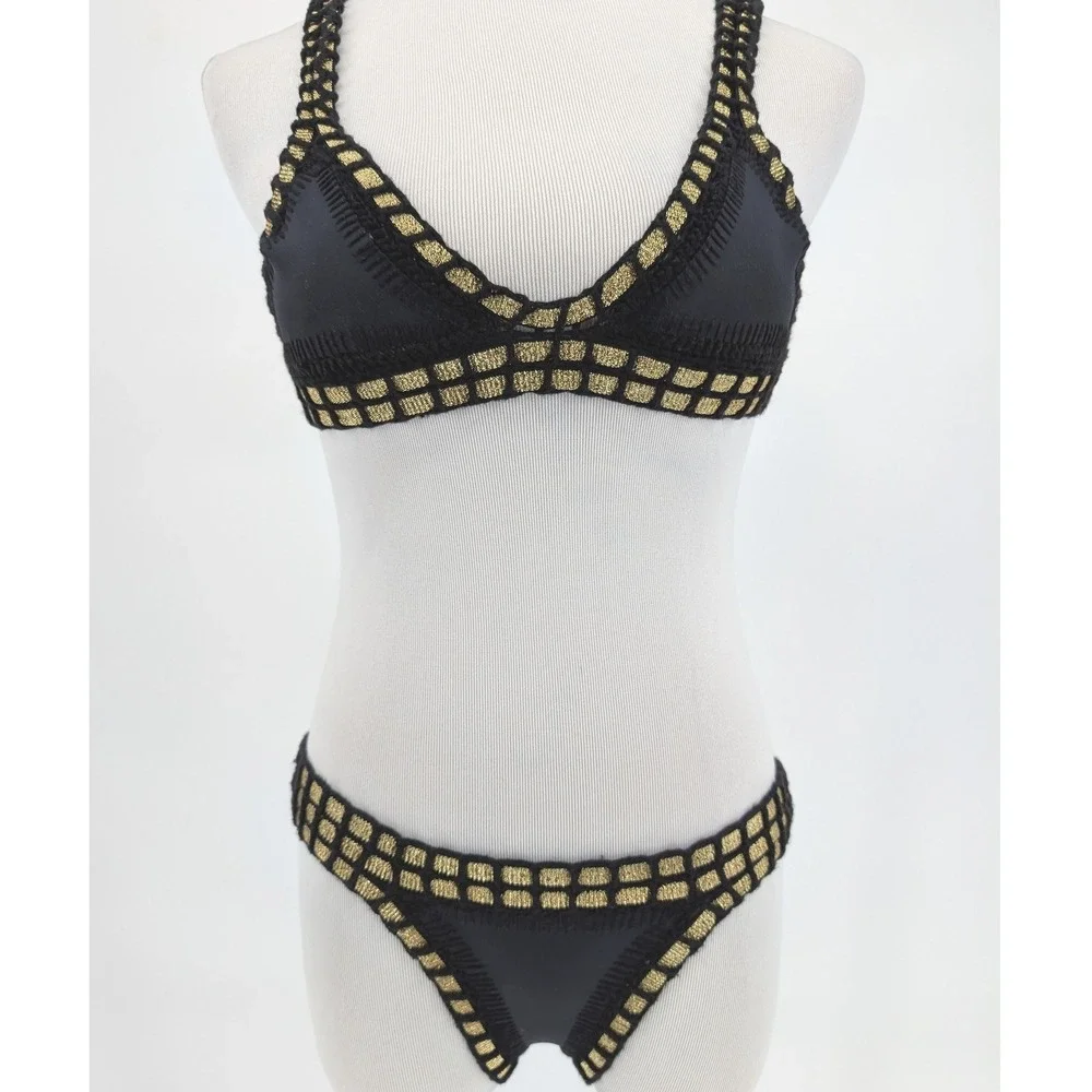 Kiini Chacha Bikini Set Women S Black Gold Crochet Trim Triangle Boho Festival - Picture 6 of 16